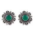 Classic Green Blossom,'Green Onyx & 925 Silver Button Earrings with Floral Motif'