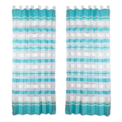 Aquamarine View,'Teal and White 100% Cotton Curtains from Oaxaca (Pair)'