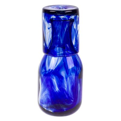 Cobalt Allure,'Cobalt Handblown Recycled Glass Carafe and Cup Set (Pair)'