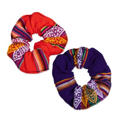Andes Dual Fantasy,'Set of 2 Peruvian Acrylic Scrunchies with Andean Motifs'