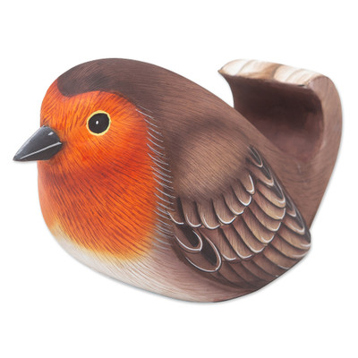 Robin's Call,'Wood Bird Cell Phone Stand Carved and Painted by Hand'