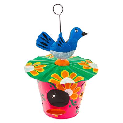 Merry Chants,'Handcrafted Floral Tin Birdhouse and Feeder with Blue Bird'