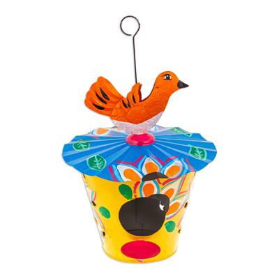 Dawn Chants,'Handcrafted Floral Tin Birdhouse and Feeder with Orange Bird'