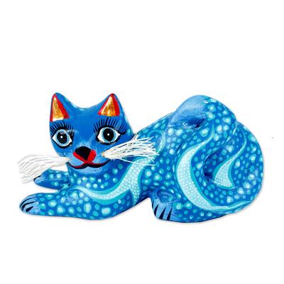 Blue Pouncing Cat,'Blue and Turquoise Whiskered Cat Alebrije from Oaxaca'