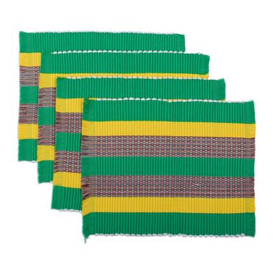 Viridian Gathering,'Set of 4 Handwoven Striped Vir...