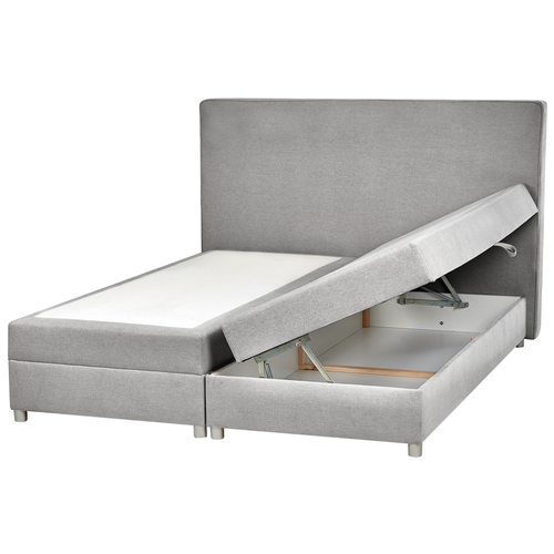 Boxspringbett Grau Stoffbezug 180 x 200 cm mit Bettkasten Hochklappbar Hohes Kopfteil 2 Bonellfederkernmatratzen Modern Schlafzimmer Möbel