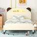 Twin Size Wood Platform Bed with Bear-shaped Headboard,Bed with Motion Activated Night Lights for Bedroom, Cream Walnut