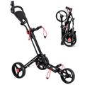 GYMAX Golf Trolley, 3/4 Wheel Golf Push Cart with Foot Brake, Umbrella & Cup Holder, Elastic Strap and Scoreboard Storage, Foldable Golf Bag Holder (Red, 122 x 70 x 115cm)