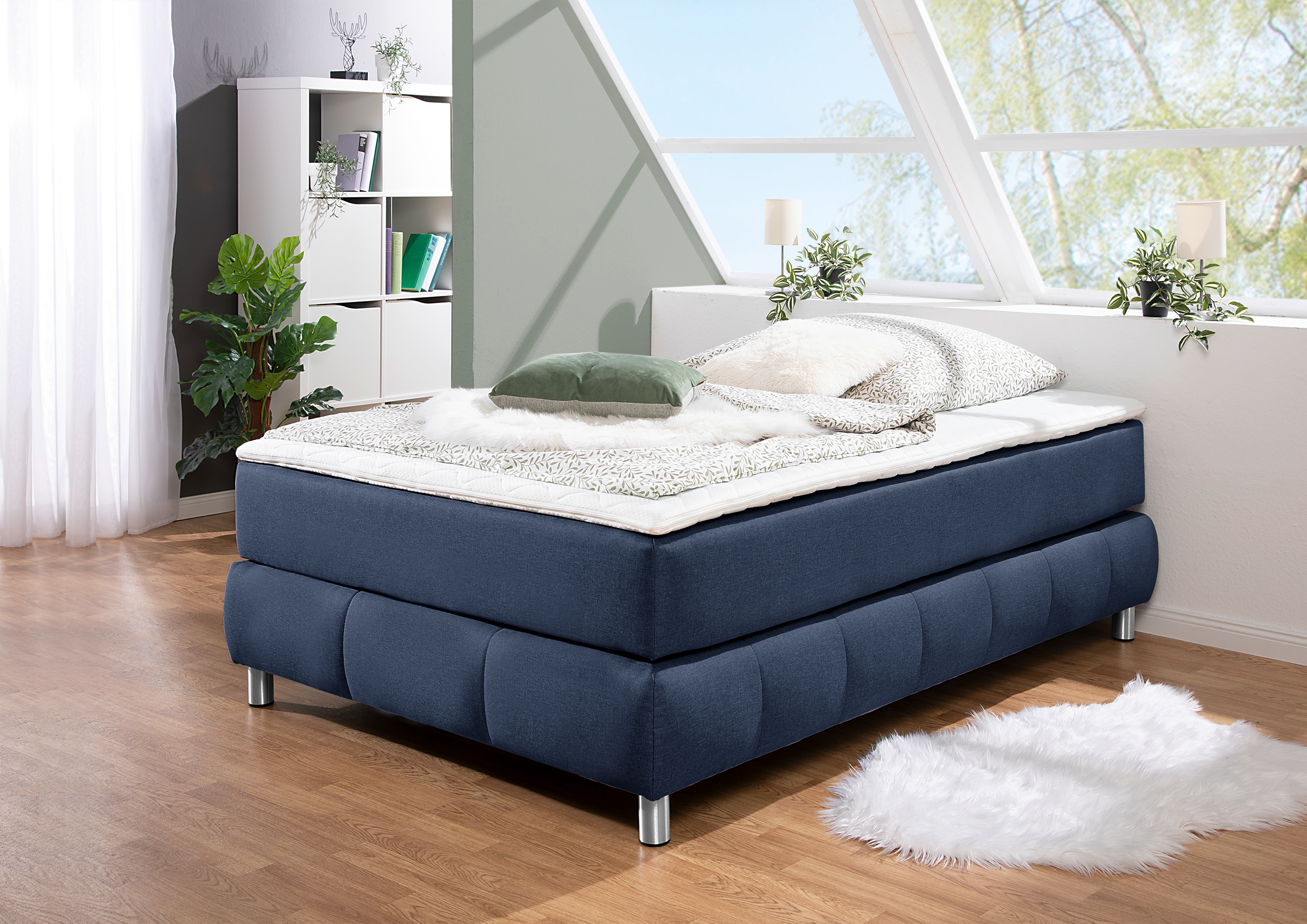 Boxspringbett ANDAS "Salo", blau, B:126cm L:206cm, Komplettbetten, Boxspringbett, Ohne Kopfteil, inkl. Topper, auch in Überlänge 220 cm Image
