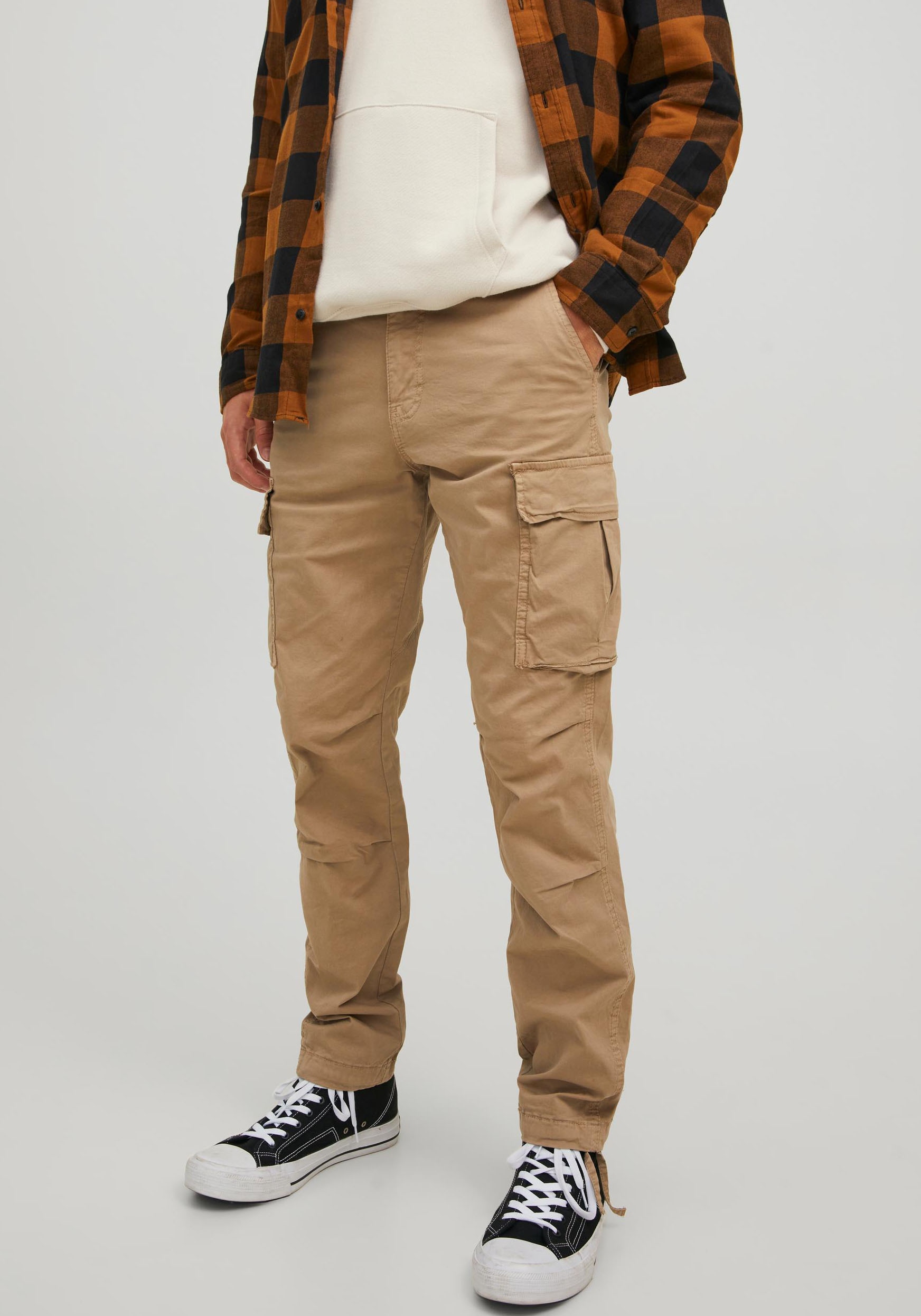 Cargohose JACK & JONES "STACE TUCKER", Herren, Gr. 29, Länge 30, beige (dune), Web, Obermaterial: 97% Baumwolle, 3% Elasthan, unifarben, normal normal, Hosen Cargohose