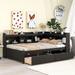 Full Size Platform Bed with Storage L-shaped Bookcases and 2 Storage Drawers, Wooden Slat Frame Support