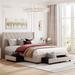 Queen Size Storage Bed Linen Upholstered Platform Bed with 3 Storage Drawers and Upholstered Headboard