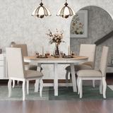 5-Piece Farmhouse Dining Set, Solid Wood Round Extendable Dining Table, 4 Upholstered Dining Chairs for Dining Room