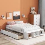 Full Size Platform Bed with Open Shelves Storage Bench and 2 Storage Drawers, Wooden Slat Support