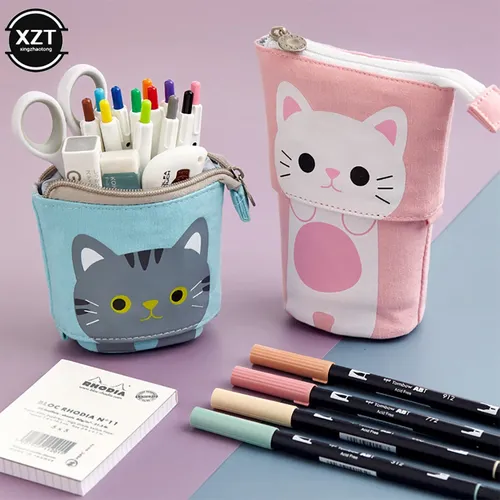 Sac à crayons en toile de dessin animé mignon, trousse à crayons en tissu rétractable, support pliable sur pied, papeterie Kawaii, fournitures scolaires, cadeau pour enfants