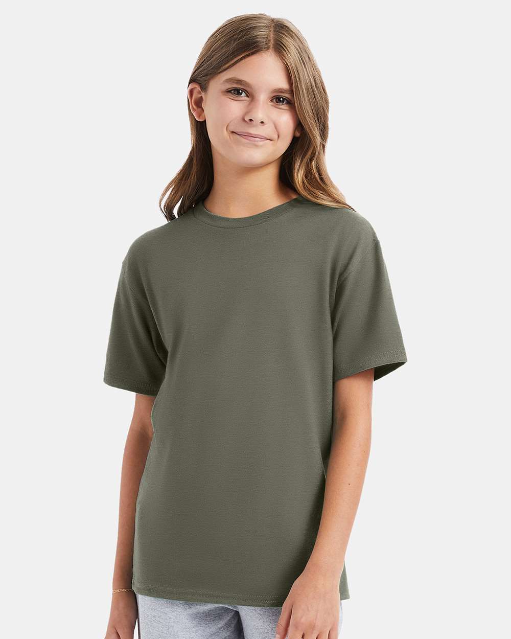 Hanes 498Y Youth Perfect-T T-Shirt in Fatigue Green size Medium | Cotton/Polyester Blend