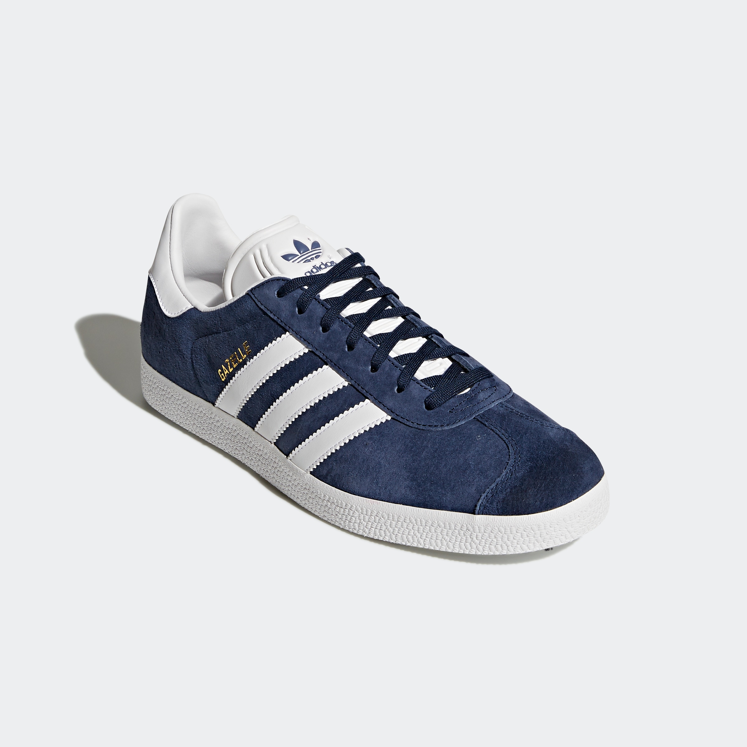Sneaker ADIDAS ORIGINALS "GAZELLE", Herren, Gr. 44, blau (collegiate navy, weiß, gold metallic), Leder, Synthetik, Schuhe Sneaker
