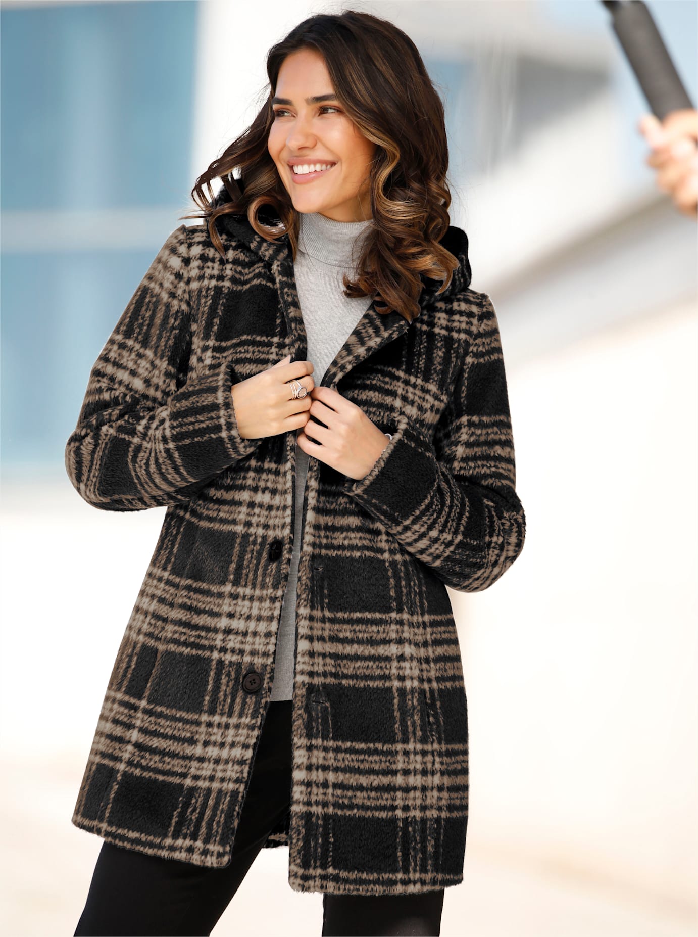 Outdoorjacke CLASSIC BASICS, Damen, Gr. 46, gelb (schwarz, camel, kariert), 70% Polyester, 20% Polyacryl, 4% Baumwolle, 3% Viskose, 3% Polyamid, gemustert, mehrfarbig, Jacken Outdoorjacke