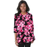 Plus Size Women's Stretch Knit Swing Tunic by Jessica London in Cherry Red Floral Print (Size 14/16) Long Loose 3/4 Sleeve Shirt