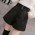 Short en laine à motif solide pour femme pantalon court en tweed à paillettes taille haute noir