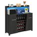 Wade Logan® Bolger 47.2"W Wood Wine Cabinet w/ LED Light & Display Wine Rack & Glass Hang Rack Wood in Black/Brown | Wayfair