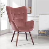 Plush Velvet Upholstered Accent Chair with Solid Wood Mid-century Upholstered Fabric Accent Armchair for Living Room with Wooden Leg Pink