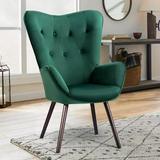 Plush Velvet Upholstered Accent Chair with Solid Wood Mid-century Upholstered Fabric Accent Armchair for Living Room with Wooden Leg Green