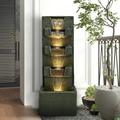 39.3-in High Floor Waterfall Fountain with LED Lights 5-Tier Water Fountain Outdoor Indoor Fiber Reinforced Concrete Fountain for Modern Patio Decor Garden House Office Garden Home Art Decor