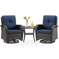 MeetLeisure 3-Piece Wicker Outdoor Conversation Set Including 2 Swivel Rocking Chairs and 1 Wicker Side Table (Brown/Blue)