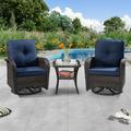 MeetLeisure 3-Piece Wicker Outdoor Conversation Set Including 2 Swivel Rocking Chairs and 1 Wicker Side Table (Brown/Blue)