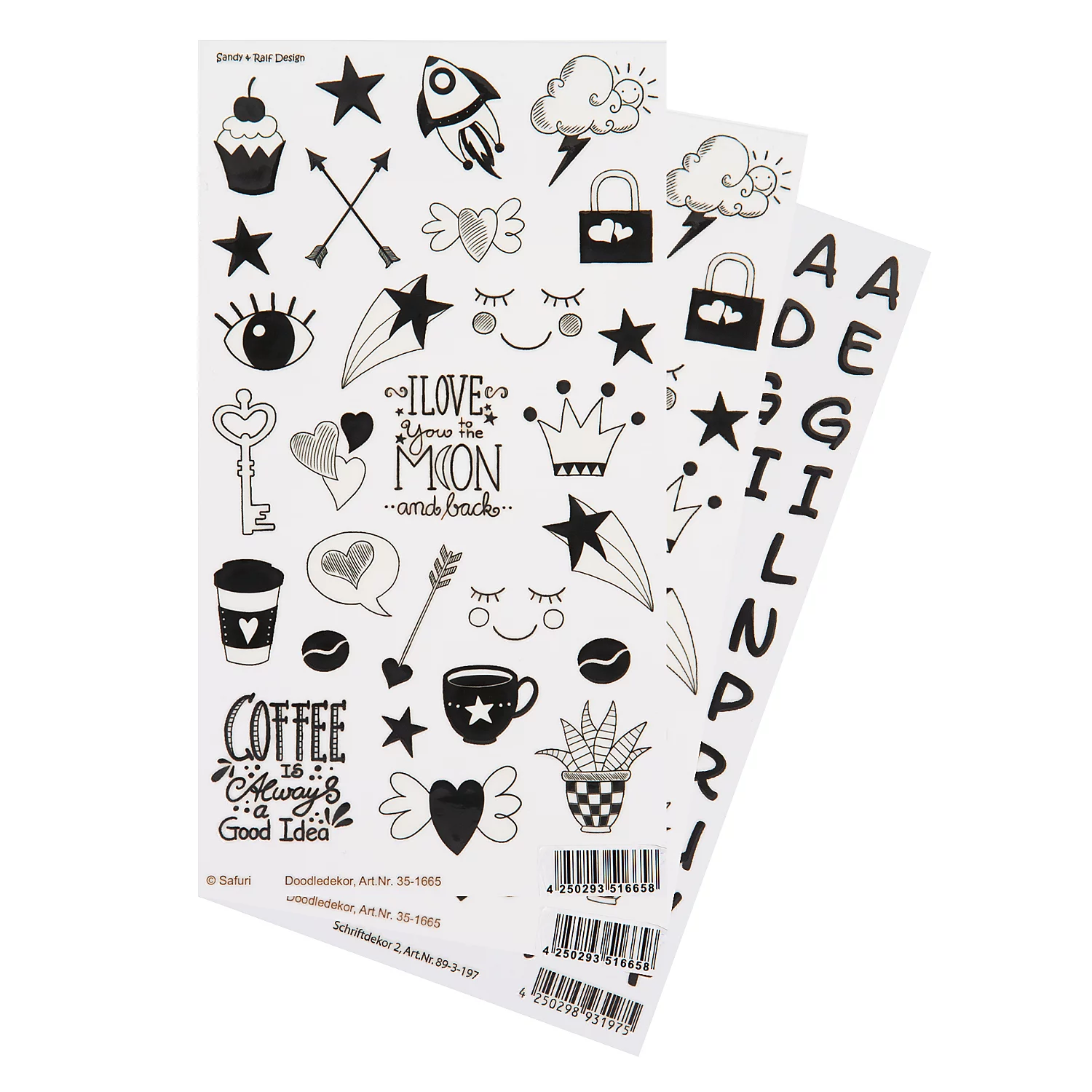 Stickers pour porcelaine « motifs + lettres », noir, 3 feuilles