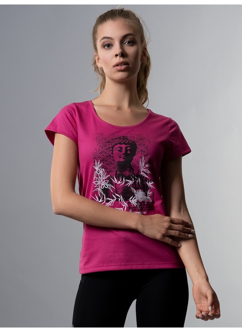 „T-Shirt TRIGEMA „“TRIGEMA Slim Fit mit Buddha-Print““ Gr. S, rosa (hibiskus) Damen Shirts Jersey“