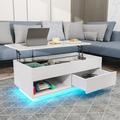 Wade Logan® Banushi Lift Top Coffee Table w/ RGB LED Lights, Drawer & Open Shelf Wood in White | 15.75 H x 40.16 W x 20.47 D in | Wayfair