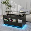 Wade Logan® Ayotomi Lift Top Coffee Table w/ RGB LED Lights, Hidden Compartment & Drawers & Shelves in Black | Wayfair