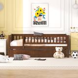 Twin Size Wood Kids Daybed Platform Sofa Bed with Trundle & Guardrails
