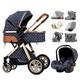 Baby Stroller 3 in 1 Luxury Pram Oversized Canopy for Newborn & Toddler, Light Weight Baby Carriage Strollers Infant Pushchair with Rain Cover, Footmuff, Mat, Mosquito Net (Color : Blue)
