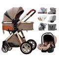 Baby Stroller 3 in 1 Luxury Pram Oversized Canopy for Newborn & Toddler, Light Weight Baby Carriage Strollers Infant Pushchair with Rain Cover, Footmuff, Mat, Mosquito Net (Color : Khaki)