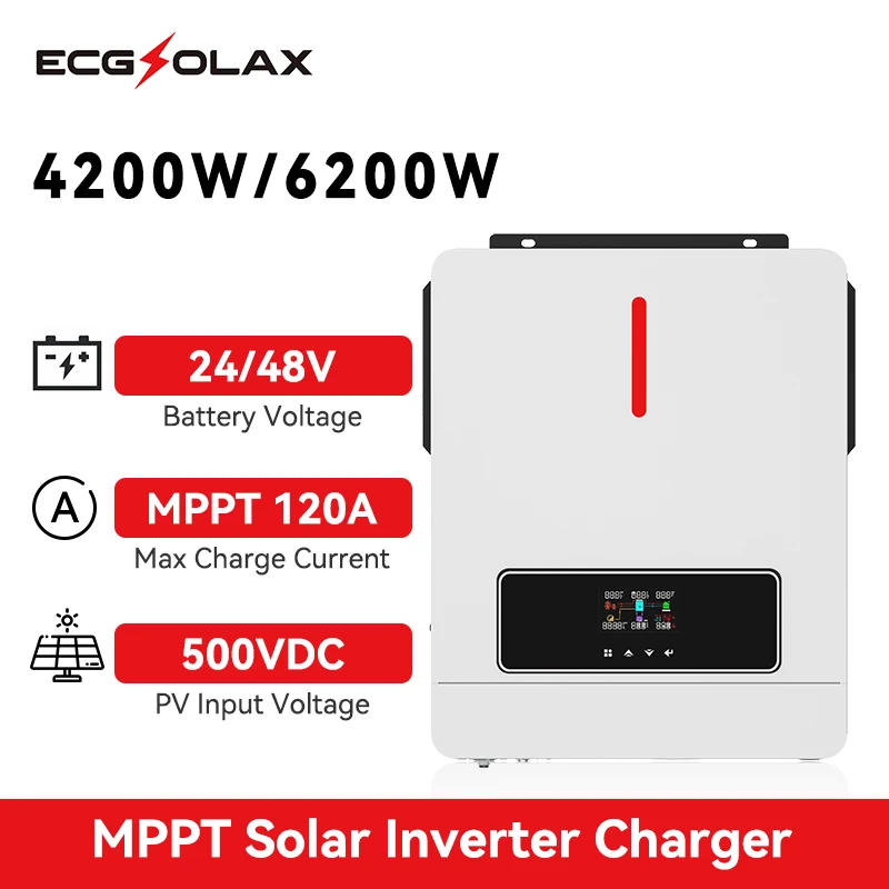 onduleur solaire hybride, ECGSOLAX Onduleur Hybride Solaire 4200/6200W, Chargeur de Batterie 24/48V, à Onde Sinusoïdale Pure 220VAC, 120A, MPPT, Contrôleur de Charge LCD, onduleur hybride 48v