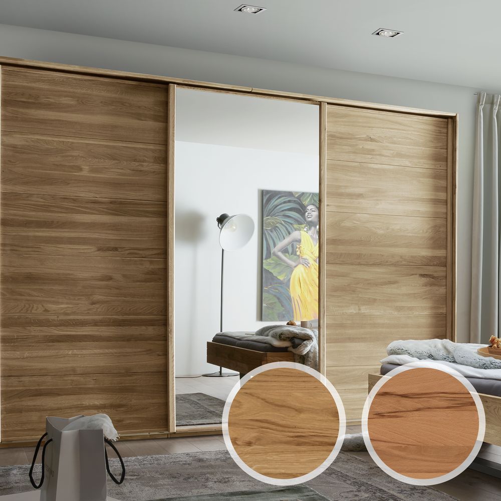 Forestales »Woodside« Schwebetürenschrank 3-türig Holz/Weißglas/Holz / Wildeiche / mit Passepartout-Rahmen