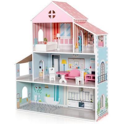 3-Tier Toddler Doll House with Furniture Gift for Age 3+ - 28.34" x 9.25" x 34.25" (L x W x H)