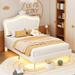 Bedroom Full Size Platform Bed Upholstered Bed Princess Theme Bed With Crown Headboard & LED Lights for Kids Teens Adult