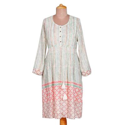 Extra Tropical,'Cotton Blend Empire Waist Midi Dress with Tassels from India'