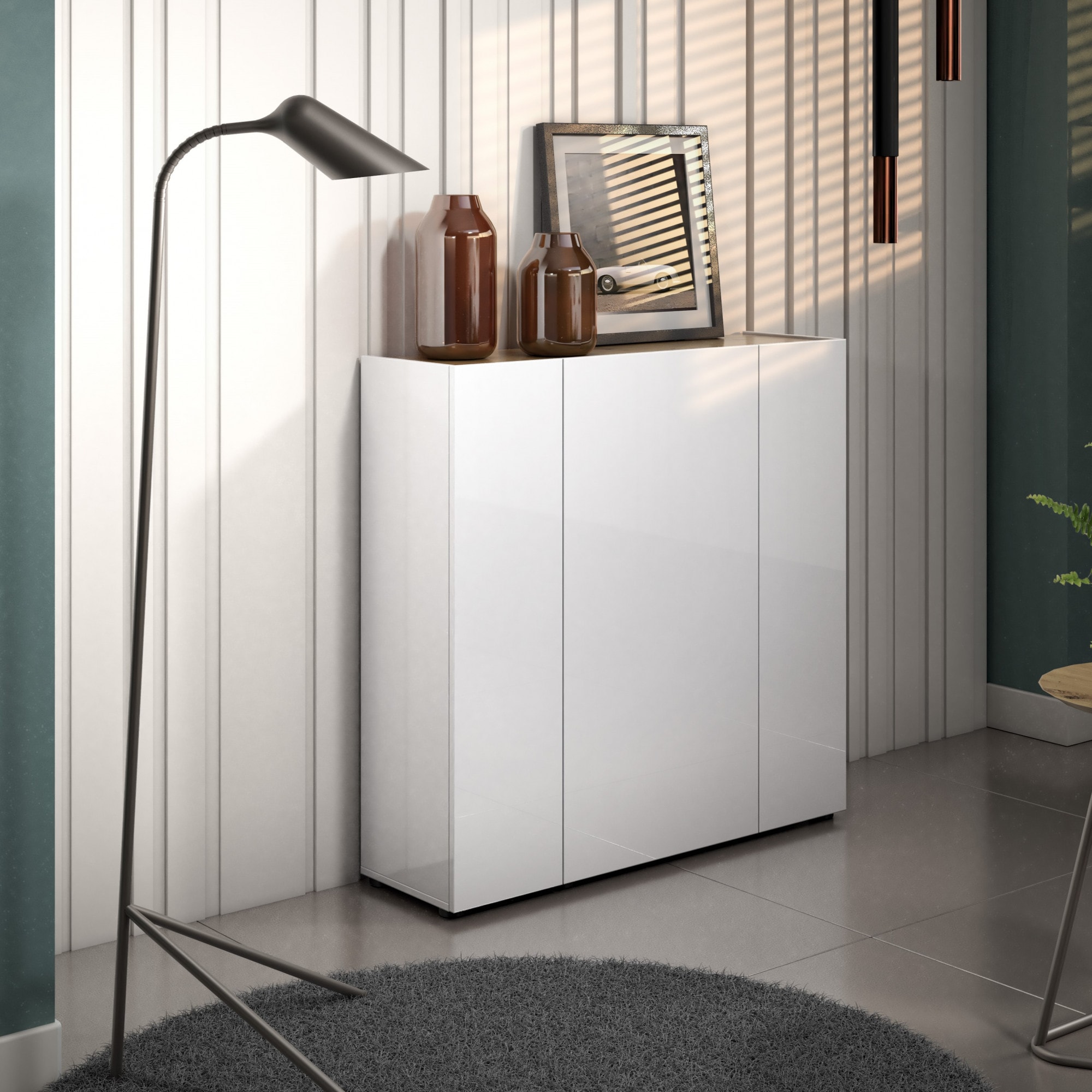 Schuhschrank INOSIGN "RUMBA", weiß (weiß hglanz, eiche artisan, weiß hgl), B:116cm H:115cm T:34cm, Spanplatte, Schränke, Schuhschrank