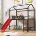 Twin Size Metal Loft Bed w/Slide, Steel House Bedframe w/Two-Sided writable Wooden Board for Kids Bedroom, Black+Red