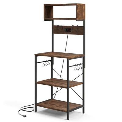 Costway 60 Inch Tall Microwave Stand with Open Shelves and 10 Hanging Hooks-Rustic Brown