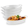 Oval Au Gratin Baking Dishes for Oven Safe and Microwave Cooking and Baking, 4 Pc. Dish Set, Heat Resistant Ceramic with Handles for Serving, Small Mini Casserole Dish, 8” x 5”, 16 oz, White