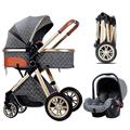 Baby Pram Stroller for Newborn and Toddler, 3 in 1 Adjustable High View Baby Stroller Carriage Reversible Luxury Infant Pushchair Bassinet with Rain Cover, Mosquito Net (Color : Gray A)