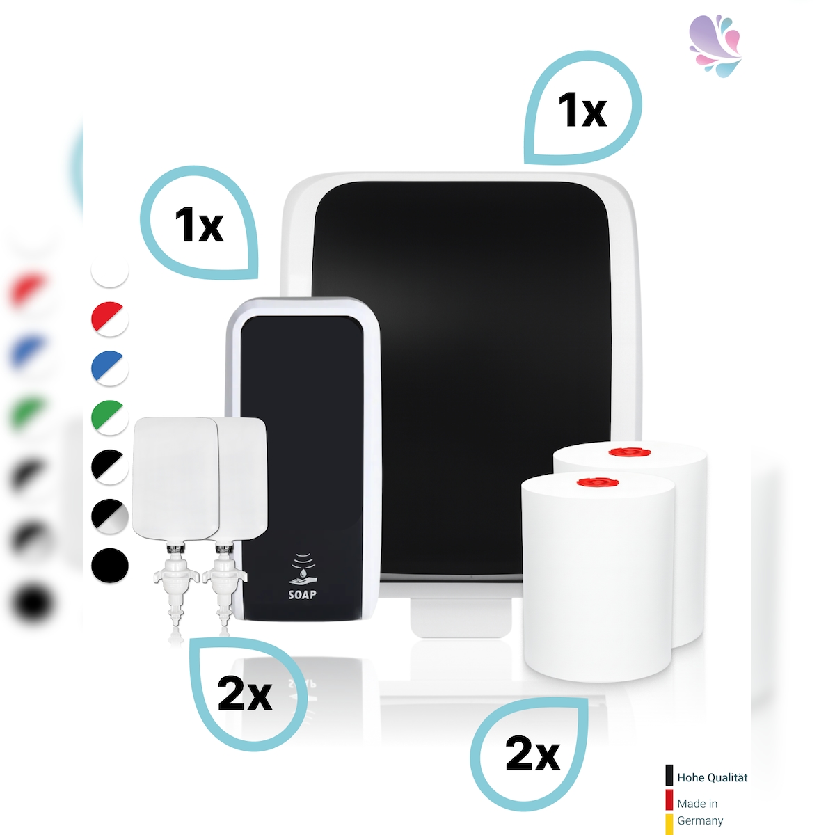 Blanc HYGIENIC KOMPLETT-SET Waschraum: Handtuchrollenspender AUTOCUT + 2 TAD Handtuchrollen + Schaumseifenspender SENSOR + 2 Kartuschen Image