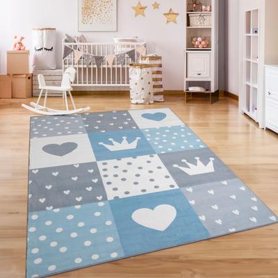 Kinderteppich PACO HOME "Eliz 391", blau, B:80cm H:12mm L:150cm, Polyester, Teppiche, Kurzflor, Spielteppich, Patchwork-Muster, Motiv Krone, Herz & Punkte Image