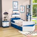 Sunside Sails Reposa Twin Size 3-Pieces Wood Bedroom Sets, Platform Bed w/ Twin Size Trundle & Two Nightstands Wood/Stainless Steel in Blue | Wayfair